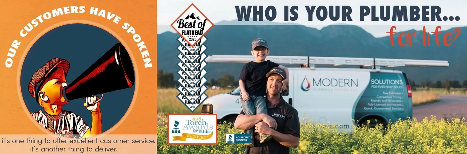 Raun Grover and a child at a Modern Plumbing van